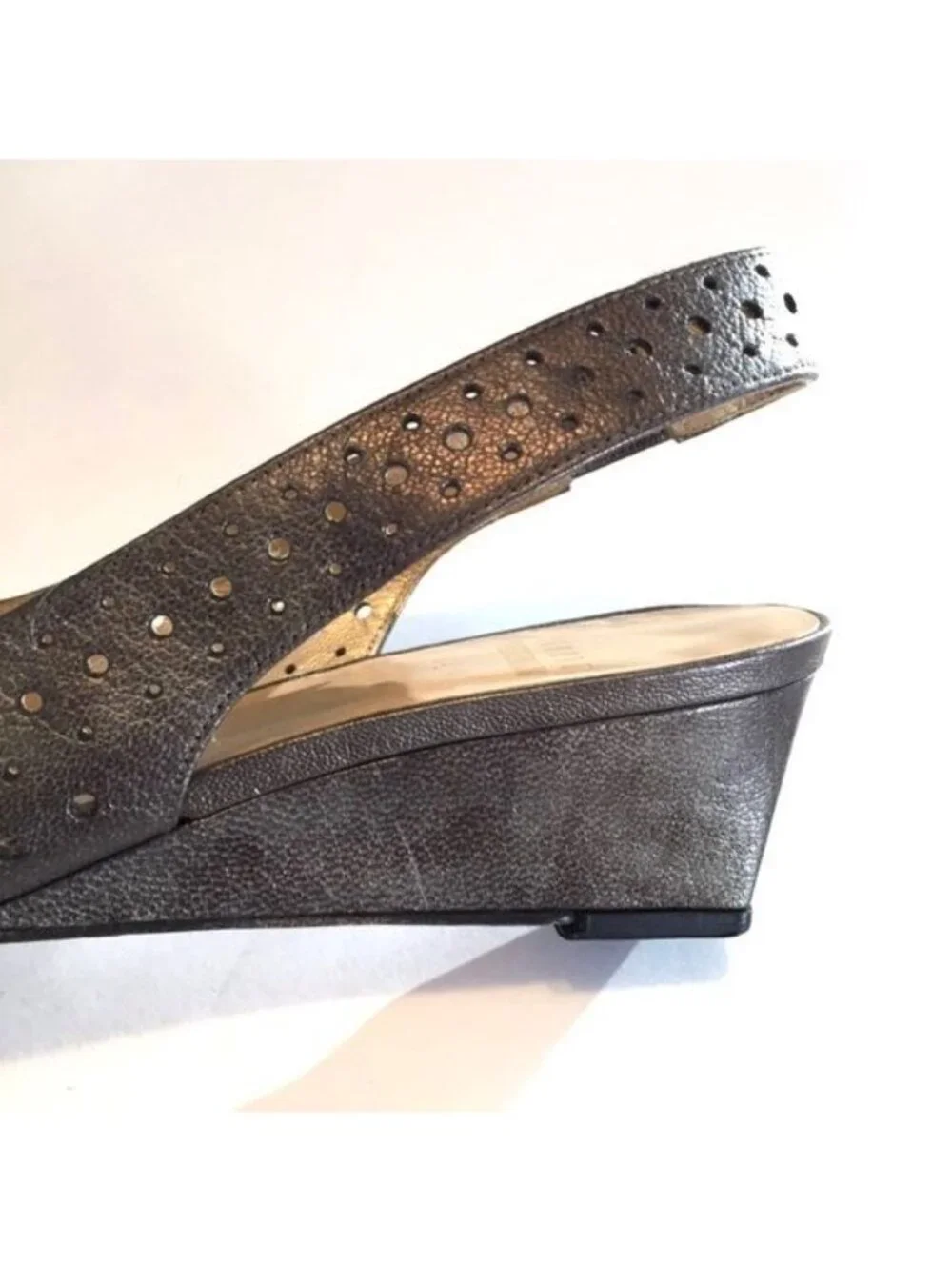 Stuart Weitzman Womens Gray Perforated Leather Wedge Heels Slingback size 6.5